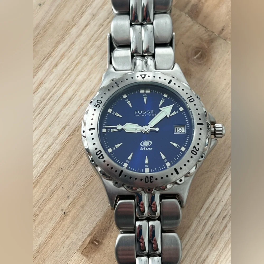Fossil Blue Watch Stainless Weave Bracelet Dark Blue Dial Date Window